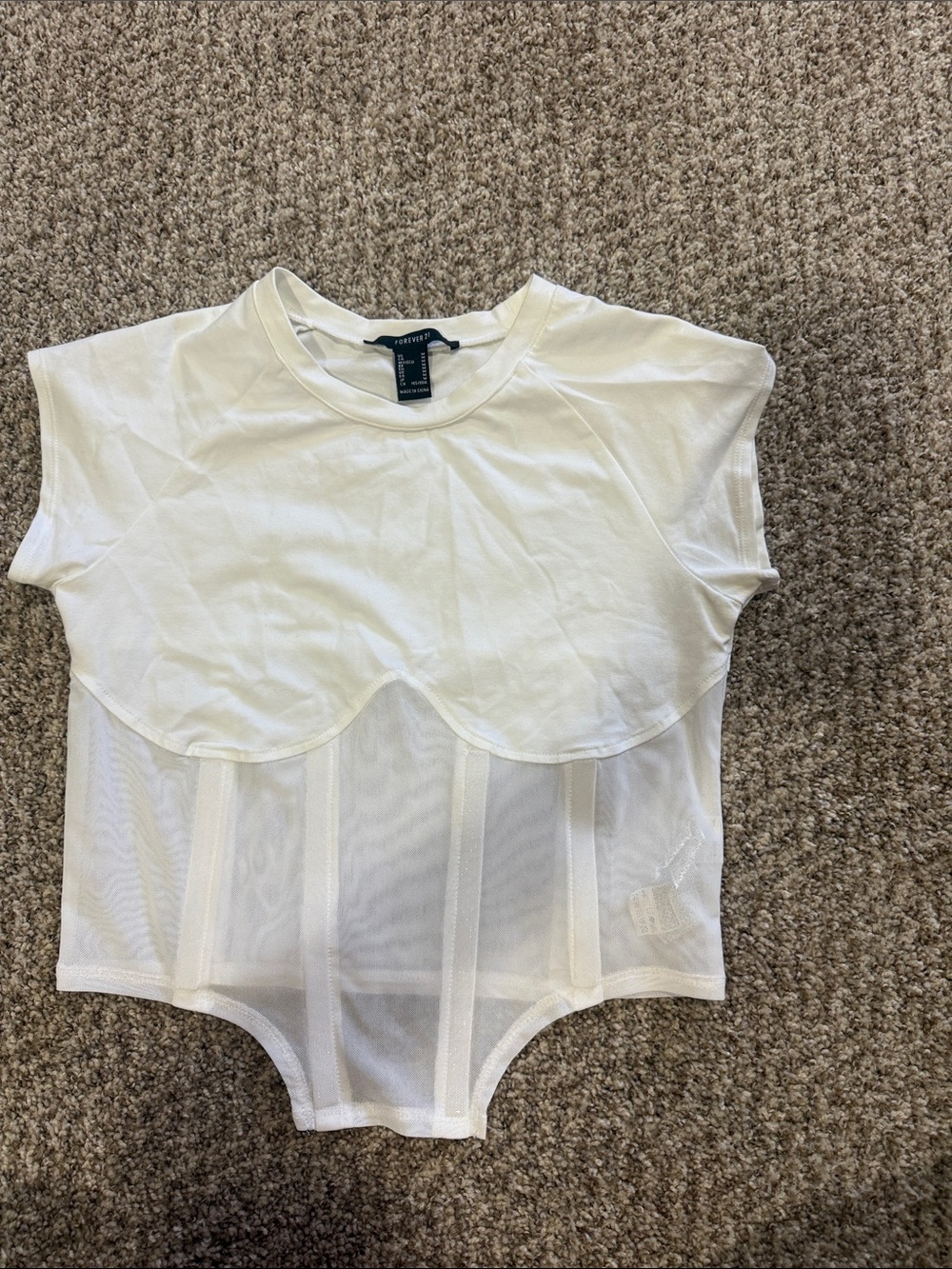 Forever 21 White Mixed-Media Scallop-Overlay Bodysuit